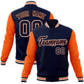 Personalized Navy & Orange & White Color Block Cotton-Blend Full-Snap Varsity Jacket - front view