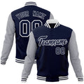 Custom Navy & Gray & White Color Block Cotton-Blend Full-Snap Varsity Jacket - front view