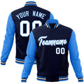 Personalized Navy & White & Powder Blue Color Block Cotton-Blend Full-Snap Varsity Jacket - front view