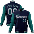 Custom Navy & Teal & Gray Color Block Cotton-Blend Full-Snap Varsity Jacket - front view