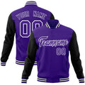 Custom Purple & Black & White Color Block Cotton-Blend Full-Snap Varsity Jacket - front view