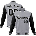 Personalized Gray & Black & White Color Block Cotton-Blend Full-Snap Varsity Jacket - front view