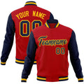 Custom Red & Navy & Gold Color Block Cotton-Blend Full-Snap Varsity Jacket - front view
