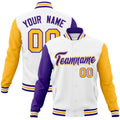 Personalized White & Purple & Gold Color Block Cotton-Blend Full-Snap Varsity Jacket - front view
