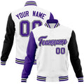 Custom White & Purple & Black Color Block Cotton-Blend Full-Snap Varsity Jacket - front view