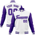 Custom White & Purple Color Block Cotton-Blend Full-Snap Varsity Jacket - front view