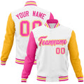 Personalized White & Pink & Gold Color Block Cotton-Blend Full-Snap Varsity Jacket - front view