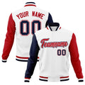 Custom White & Red & Navy Color Block Cotton-Blend Full-Snap Varsity Jacket - front view