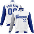 Custom White & Royal Blue Color Block Cotton-Blend Full-Snap Varsity Jacket - front view