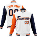 Personalized White & Navy & Orange Color Block Cotton-Blend Full-Snap Varsity Jacket - front view
