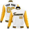 Custom White & Gold & Black Color Block Cotton-Blend Full-Snap Varsity Jacket - front view