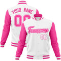 Personalized White & Pink Color Block Cotton-Blend Full-Snap Varsity Jacket - front view