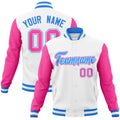 Custom White & Powder Blue & Pink Color Block Cotton-Blend Full-Snap Varsity Jacket - front view