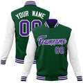 Custom Green & White & Purple Color Block Cotton-Blend Full-Snap Varsity Jacket - front view