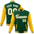 Custom Green & Gold & White Color Block Cotton-Blend Full-Snap Varsity Jacket - front view
