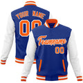 Custom Royal Blue & White & Orange Color Block Cotton-Blend Full-Snap Varsity Jacket - front view