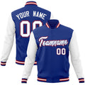 Personalized Royal Blue & White & Red Color Block Cotton-Blend Full-Snap Varsity Jacket - front view