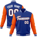 Custom Royal Blue & Orange & White Color Block Cotton-Blend Full-Snap Varsity Jacket - front view