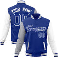 Custom Royal Blue & Gray & White Color Block Cotton-Blend Full-Snap Varsity Jacket - front view