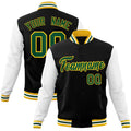 Custom Black & White & Gold Color Block Cotton-Blend Full-Snap Varsity Jacket - front view