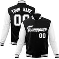 Custom Black & White Color Block Cotton-Blend Full-Snap Varsity Jacket - front view