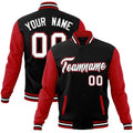Custom Black & Red & White Color Block Cotton-Blend Full-Snap Varsity Jacket - front view