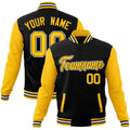 Custom Black & Gold & White Color Block Cotton-Blend Full-Snap Varsity Jacket - front view