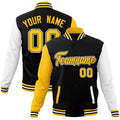Personalized Black & White & Gold Color Block Cotton-Blend Full-Snap Varsity Jacket - front view