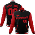 Custom Black & Red & White Color Block Cotton-Blend Full-Snap Varsity Jacket - front view