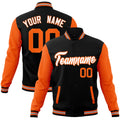 Custom Black & Orange & White Color Block Cotton-Blend Full-Snap Varsity Jacket - front view