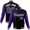 Custom Black & Purple & White Color Block Cotton-Blend Full-Snap Varsity Jacket - front view