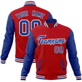 Custom Red & Royal Blue & White Color Block Cotton-Blend Full-Snap Varsity Jacket - front view