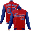 Personalized Red & Royal Blue & White Color Block Cotton-Blend Full-Snap Varsity Jacket - front view