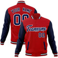 Custom Red & Navy & White Color Block Cotton-Blend Full-Snap Varsity Jacket - front view