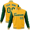 Custom Gold & Green & White Color Block Cotton-Blend Full-Snap Varsity Jacket - front view