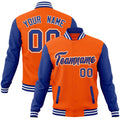 Personalized Orange & Royal Blue & White Color Block Cotton-Blend Full-Snap Varsity Jacket - front view