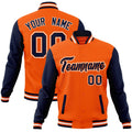 Custom Orange & Navy & White Color Block Cotton-Blend Full-Snap Varsity Jacket - front view