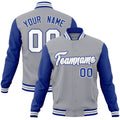 Personalized Gray & Royal Blue & White Color Block Cotton-Blend Full-Snap Varsity Jacket - front view