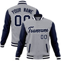 Personalized Gray & Navy & White Color Block Cotton-Blend Full-Snap Varsity Jacket - front view