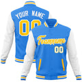 Custom Powder Blue & White & Gold Color Block Cotton-Blend Full-Snap Varsity Jacket - front view