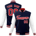 Custom Navy & White & Red Color Block Cotton-Blend Full-Snap Varsity Jacket - front view