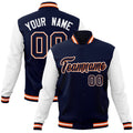 Personalized Navy & White & Orange Color Block Cotton-Blend Full-Snap Varsity Jacket - front view