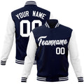 Custom Navy & White Color Block Cotton-Blend Full-Snap Varsity Jacket - front view