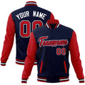 Custom Navy & Red & White Color Block Cotton-Blend Full-Snap Varsity Jacket - front view