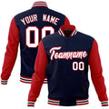 Personalized Navy & Red & White Color Block Cotton-Blend Full-Snap Varsity Jacket - front view