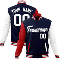 Custom Navy & White & Red Color Block Cotton-Blend Full-Snap Varsity Jacket - front view