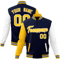 Custom Navy & Gold & White Color Block Cotton-Blend Full-Snap Varsity Jacket - front view