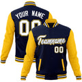 Personalized Navy & Gold & White Color Block Cotton-Blend Full-Snap Varsity Jacket - front view