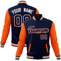 Custom Navy & Orange & White Color Block Cotton-Blend Full-Snap Varsity Jacket - front view