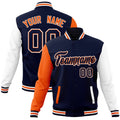 Personalized Navy & White & Orange Color Block Cotton-Blend Full-Snap Varsity Jacket - front view
